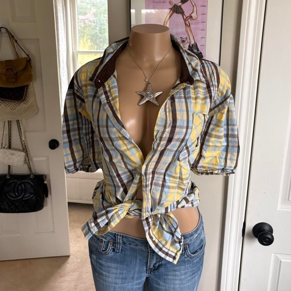 Y2K 2000s PLAID TIE FRONT BLOUSE TOP